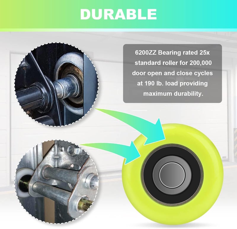 UYZO Store 6200ZZ بكرات باب المرآب الهادئة - بكرات باب المرآب المصنوعة من النايلون مع ساق 4 بوصة، حزمة خضراء من 10 (لبواب بارتفاع 7 قدم) - Image 3